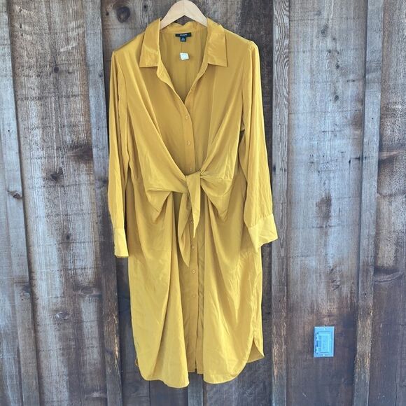 Alfani Plus Button Front Wrap Tie Long Sleeve Midi Shirt Dress- Mustard - Picture 3 of 13